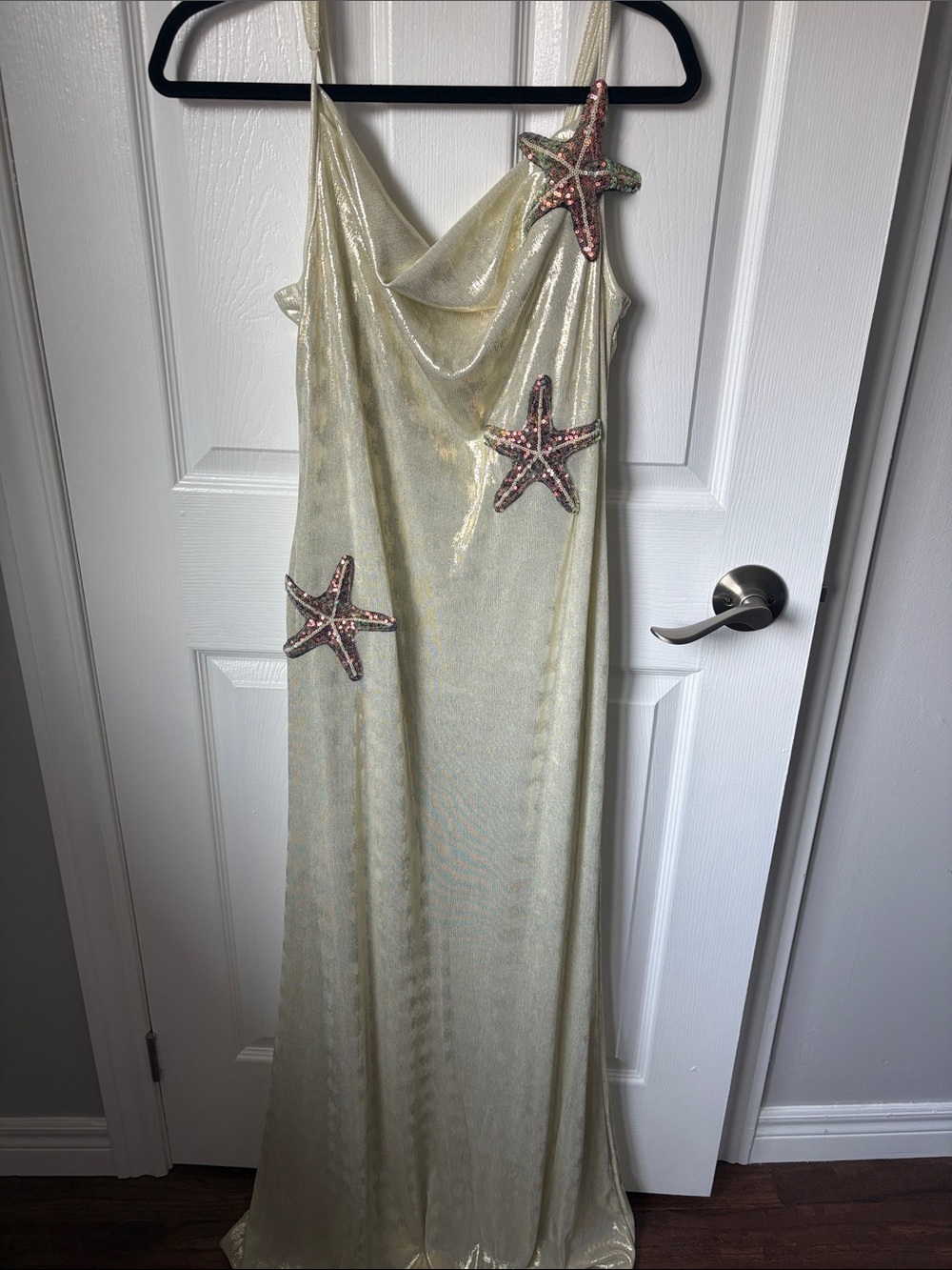 Shimmering Cream Maxi Dress with Starfish Appliqués